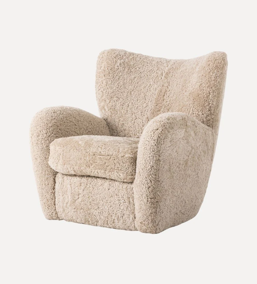 Chair in Beige Shearling - Overall Dimensions: 31 W x 35 D x 30 H | Seat Height: 18 | Seat Depth: 22 | Arm Height: 24 The Chair in Beig¡­