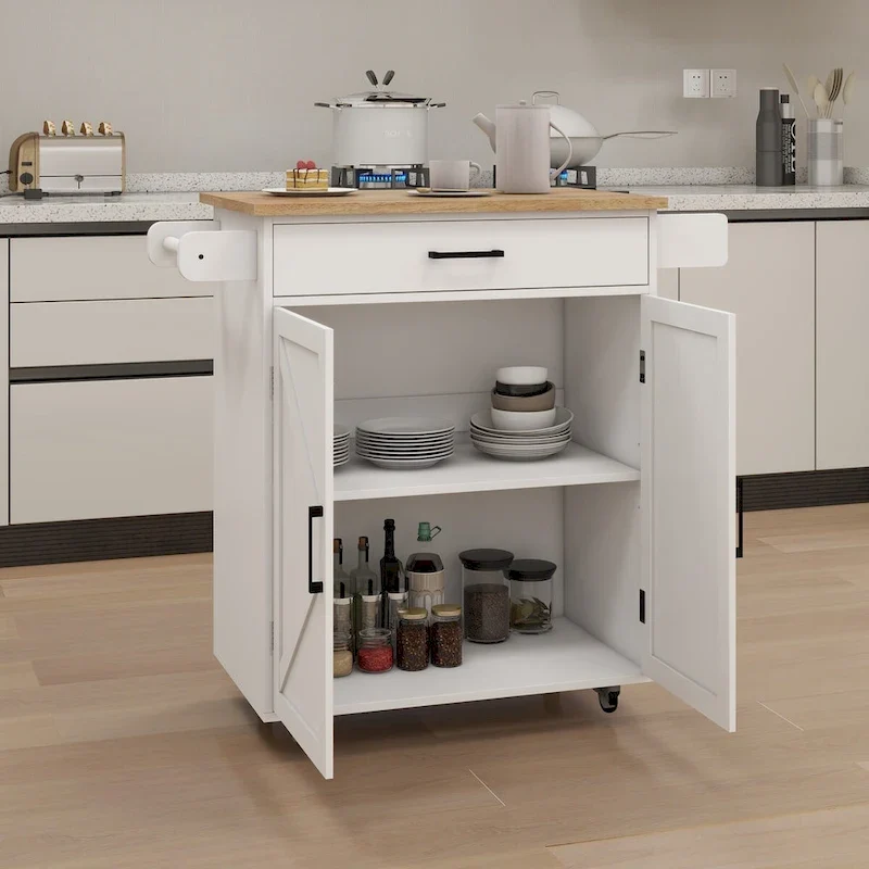 White Rubber Wood Kitchen Cart with Adjustable Shelves, Towel Rack