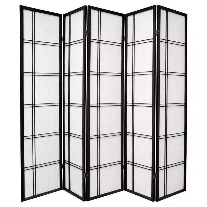 6 ft Tall 5-Panel Black Shoji Screen Room Divider, Hardwood Frame