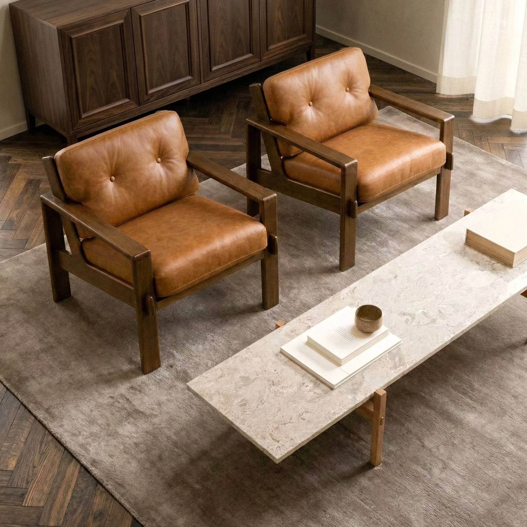 Modern Cognac Tan Leather Lounge Chair with Tufted Back