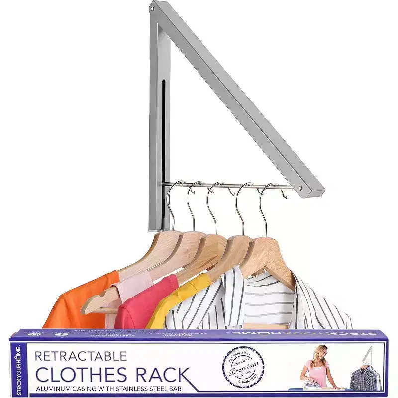 Single Foldable Clothing Rack Wall Mounted Retractable Clothes Hanger for Laundry Dryer Room Collapsible Folding Garment Drying Rod Chrome
