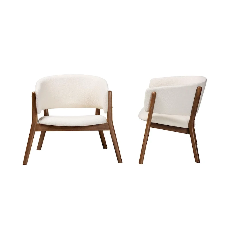 Baron Mid-Century Modern Cream Boucle Fabric Upholstered and Walnut Brown Finished Wood 2-Piece Living Room Accent Chair Set