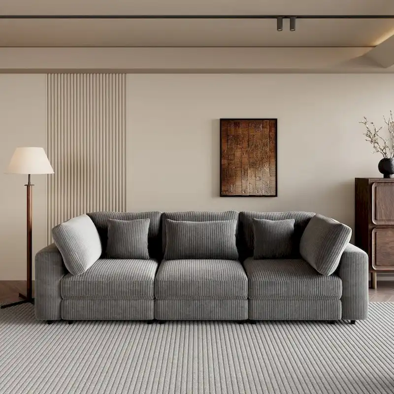 Grey / Beige Corduroy 3-Seater Sofa with Removable Back Cushions and Pillows
