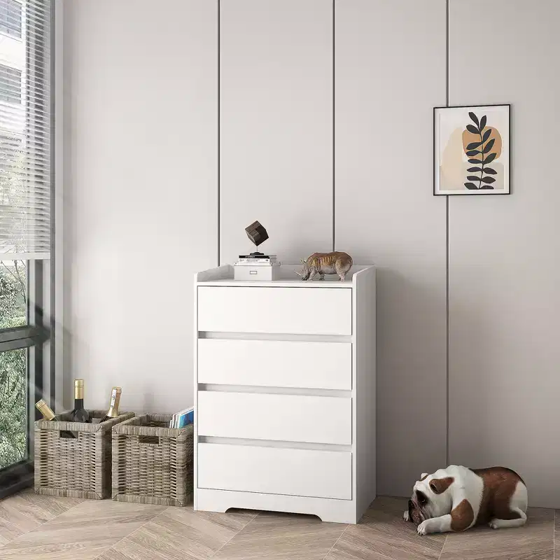 JVNOXK Modern Wooden Four-Drawer Cabinet, Handle-Free Drawers, 100% Waterproof, Sturdy Frame, Suitable for Living Room, Bedroom, White
