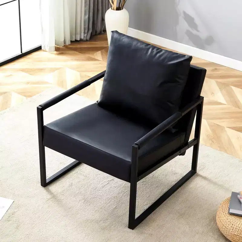 Classic PU Leather Sofa Chair,Upholstered Lounge Armchair with Black Metal Frame,Modern Ergonomic Accent Chair for Living Room,Office