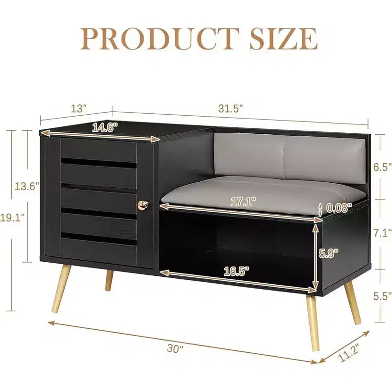 Entryway Shoe Bench with Storage – Removable Cushion, Louvered Door, Holds 6 Pairs