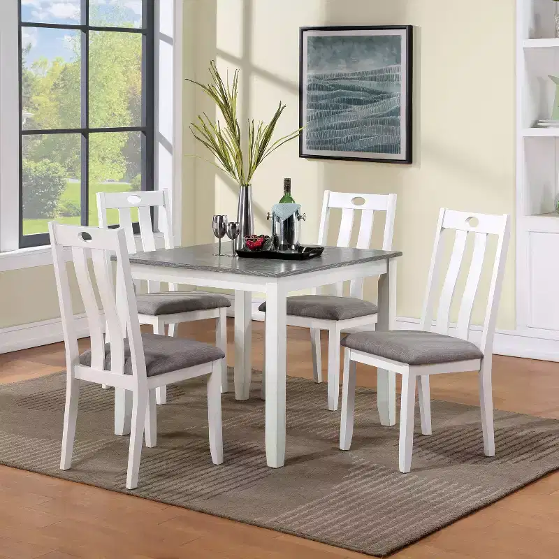 HOMES: Inside + Out 5pc Seawhisper Transitional Dining Table Set White/Gray: Solid Wood, Upholstered Chairs, Cottage Style