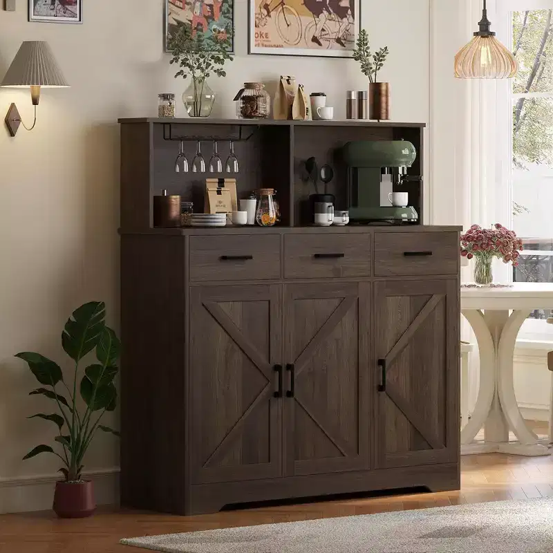 Farmhouse Sideboard Buffet with Microwave Stand, Storage Cabinet with Drawers and Shelves, Coffee Bar Cabinet with Hutch