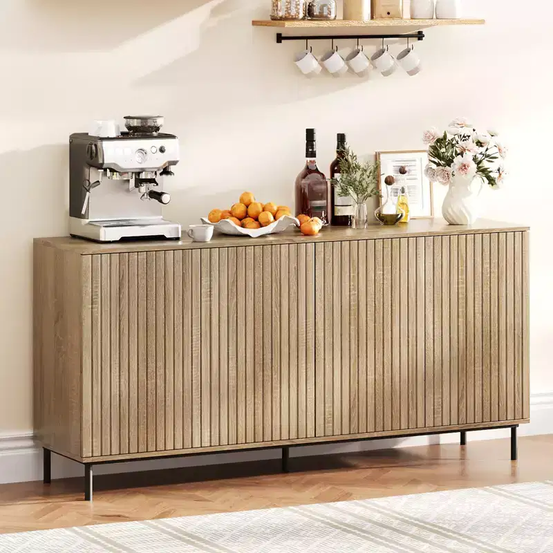 Sideboard Buffet Cabinet with 4 Doors, 63in Fluted Modern Accent Coffee Bar Credenza Storage Cabinet Console Table with Adjustable Shelves, Oak