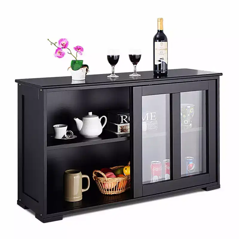 Kitchen Storage Cabinet Sideboard Buffet Cupboard w/ Sliding Door, 2 Sliding Glass Doors, Height-Adjustable Shelf, Stackable, MDF