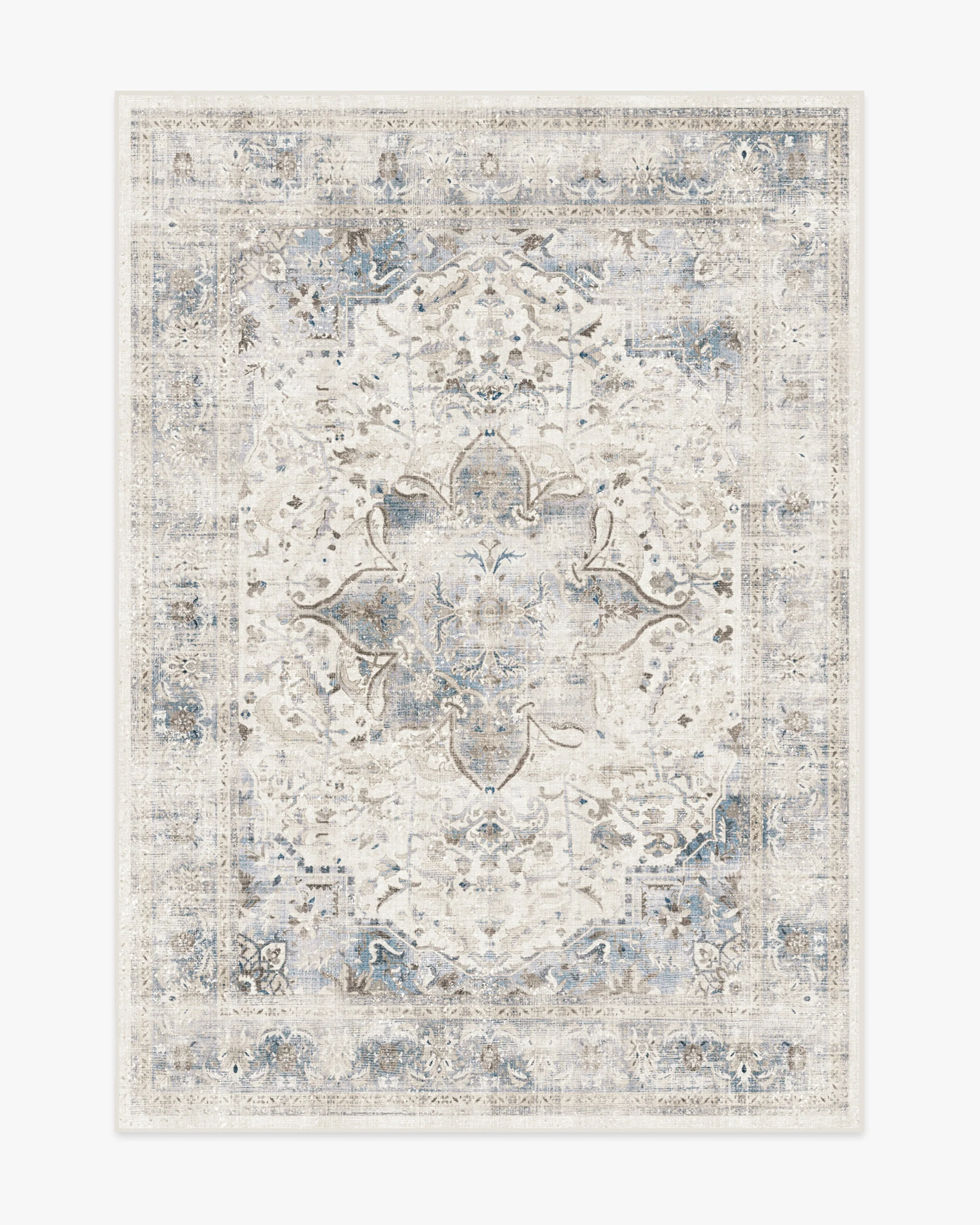 Vintage Chic Flatwoven Rug with Washable Sapphire Floral Medallion for Bedroom & Living Room