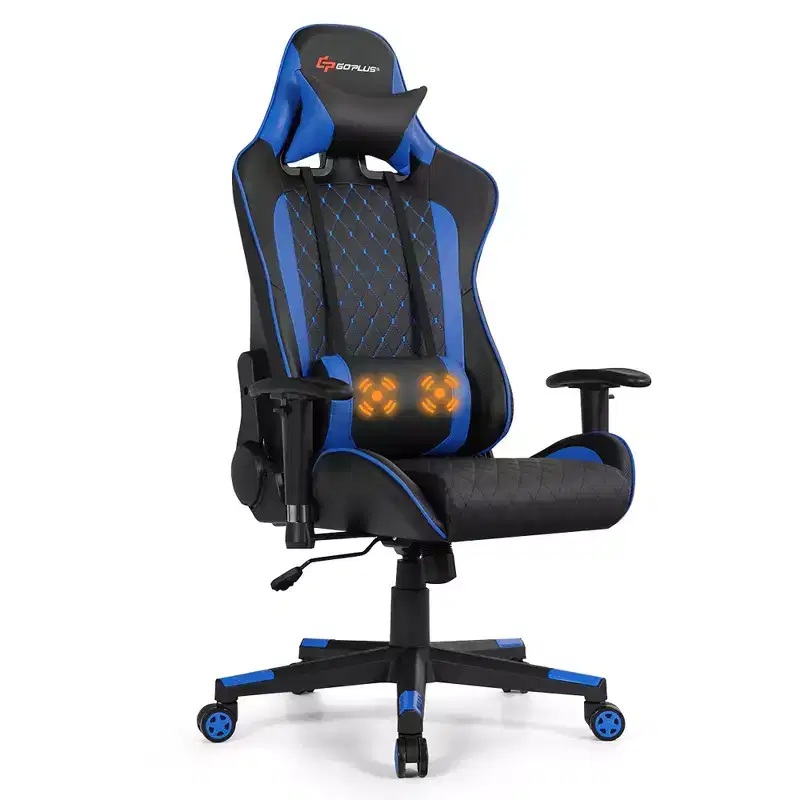 Costway Massage Gaming Chair Reclining Racing Chair w/Lumbar Support and Headrest White/Blue/Pink/Red