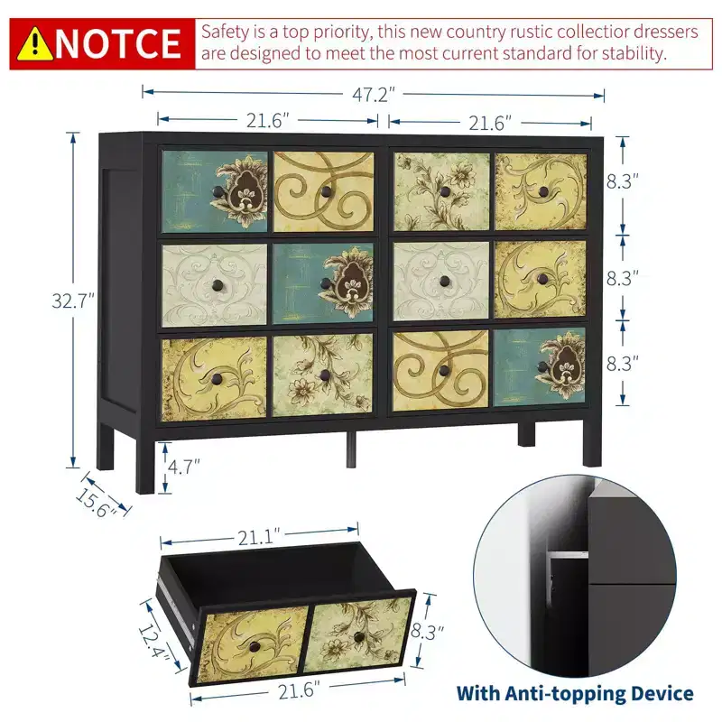 TROPOW 6 Drawers Dresser for Bedroom, Wood Rustic Chest of Drawers with Metal Handle, Retro Floral Pattern Drawer, Farmhouse Dresser