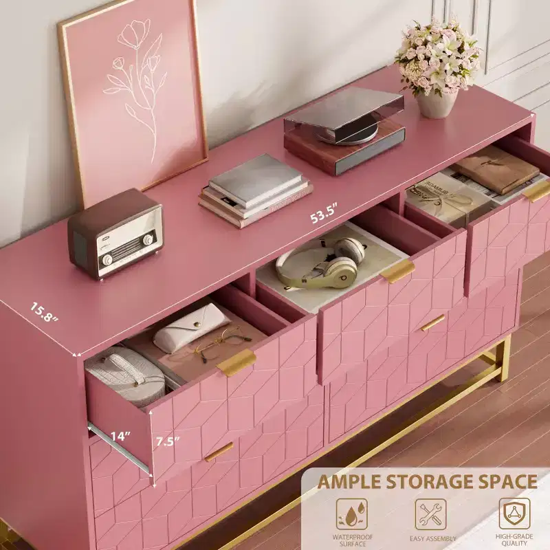 Wood 7-Drawer Dresser with Metal Legs 53.5''W x 31.5''H — White