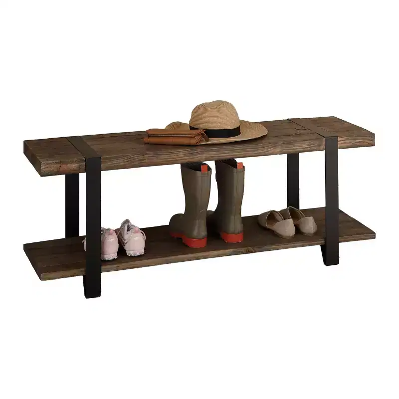 Solid Wood Entryway Bench with Storage Shelf, Rustic Natural