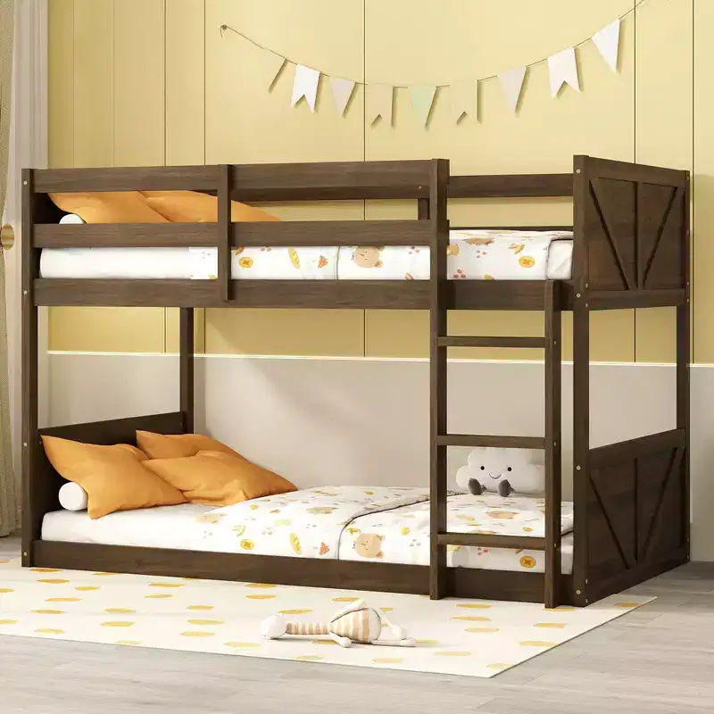 Twin over Twin Floor Bunk Bed with Panelled Headboard and Footboard, Rubber Wood Bunk Bed Frame with Guardrails and Ladder, Antique Oak