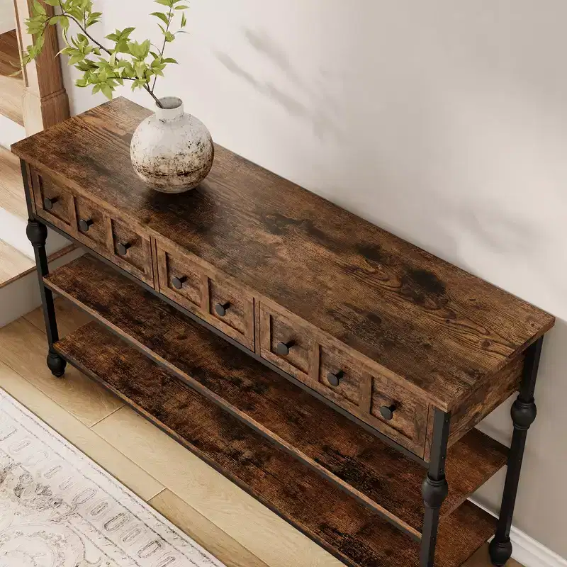 Industrial Console Table with 3 Storage Drawers & 3-Tier Metal Frame, Sofa Table for Living Room, Hallway & Entryway