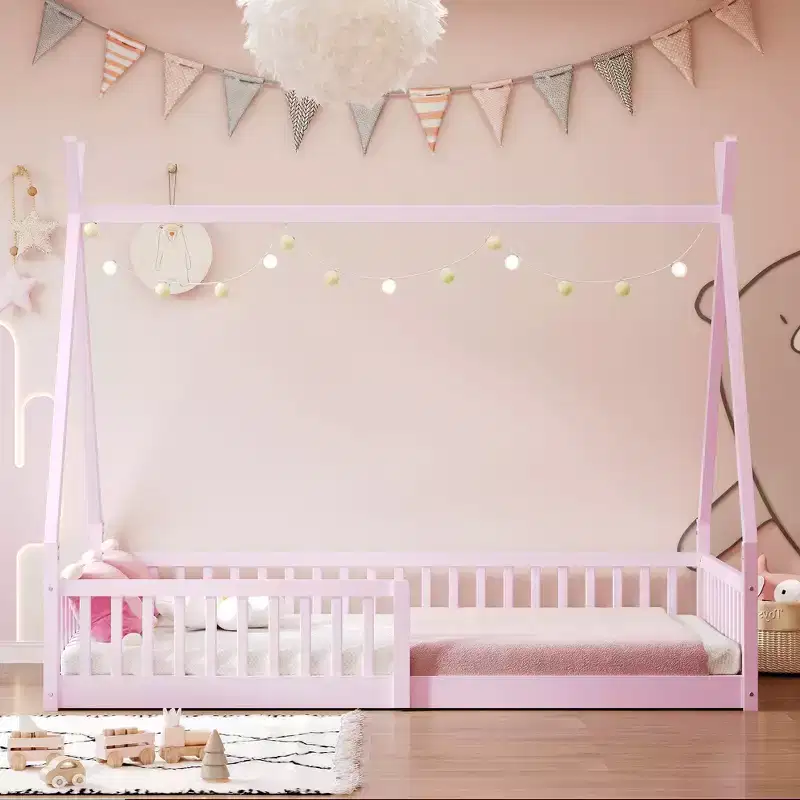 Whisen Twin Size Wood Montessori House Floor Bed, House-shaped Frame Platform Bed with Fence