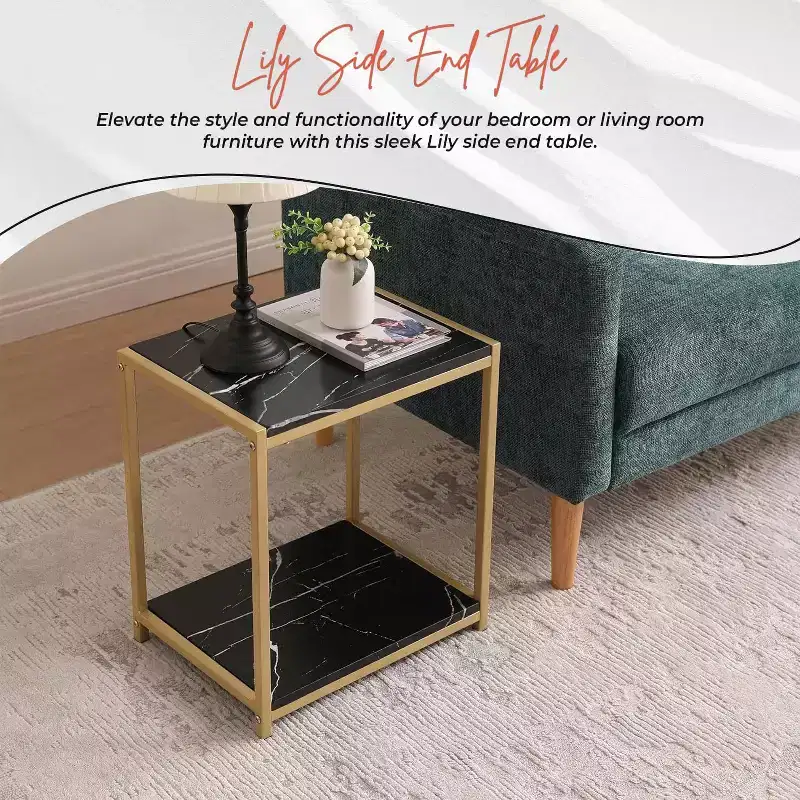 2-Tier Faux Marble Side End Table Gold Metal Frame Nightstand Bedroom Living Room