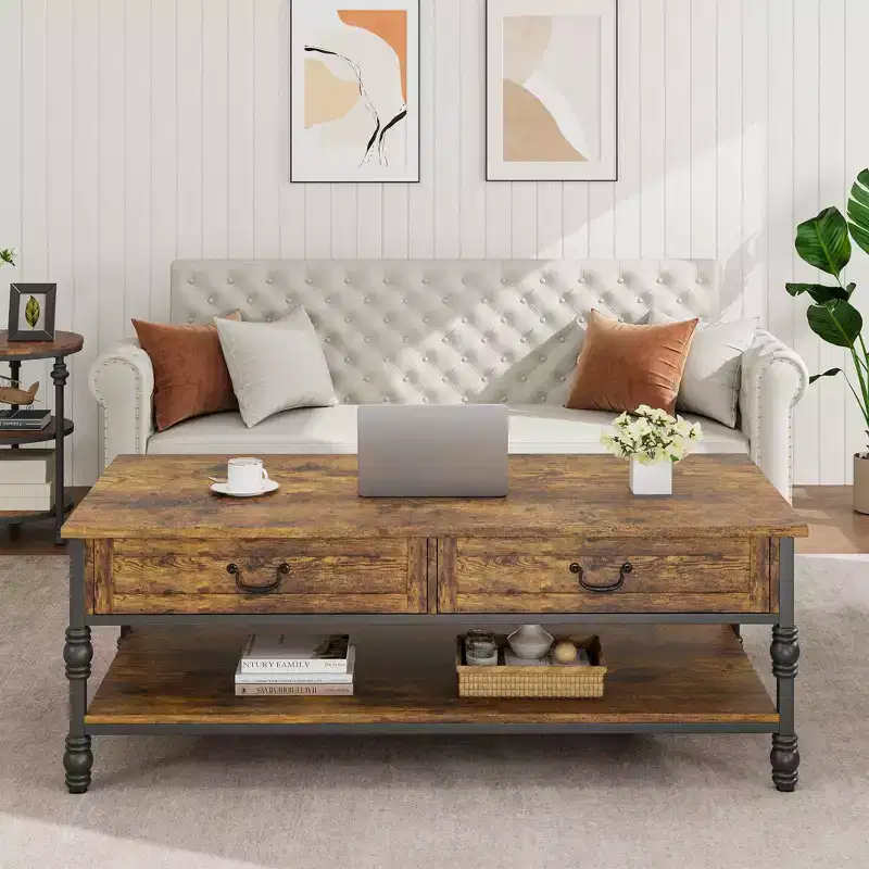 Coffee Table with Drawers 41 Large Center Table with Storage Rectangular Cocktail Table Tables Retro Living Room Table Vintage Tea Table,Brown