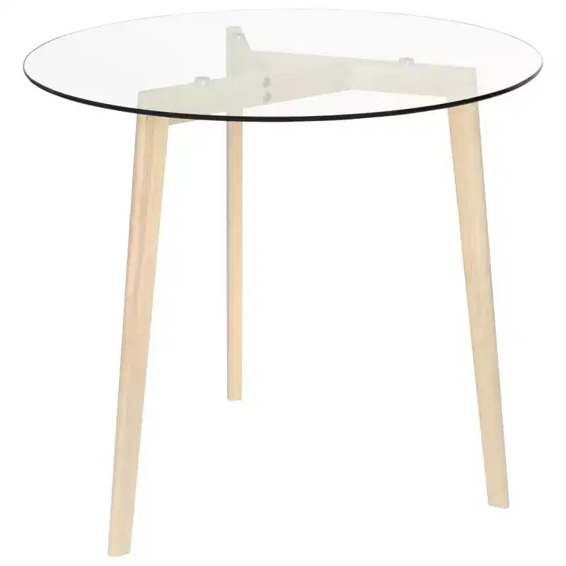 vidaXL Stylish Round Dining Table with Tempered Glass Tabletop and Solid Oak Wood Legs for Kitchen or Dining Room, Transparent Brown, 31.5 Diameter