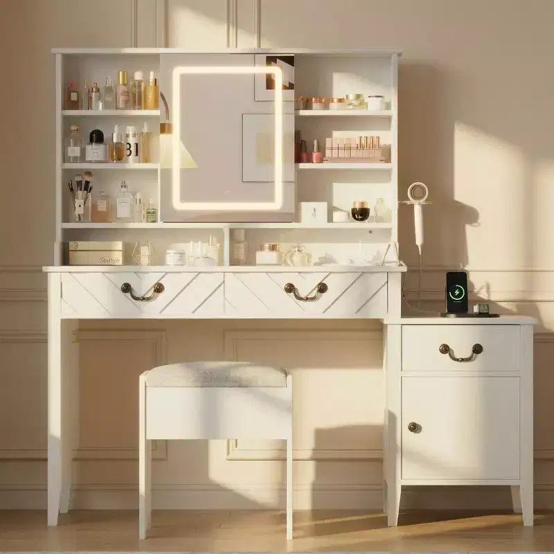 Vanity Desk with Sliding Mirror, LED Lights & Charging Station – White with Stool
