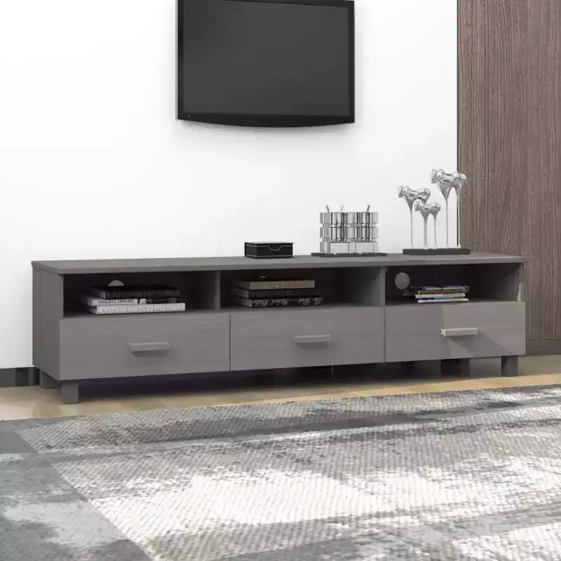 Light Gray Pine TV Stand/Console Sideboard - 62.2 x 15.7 x 15.7 in | Solid Wood, MDF | 3 Drawers, 3 Compartments