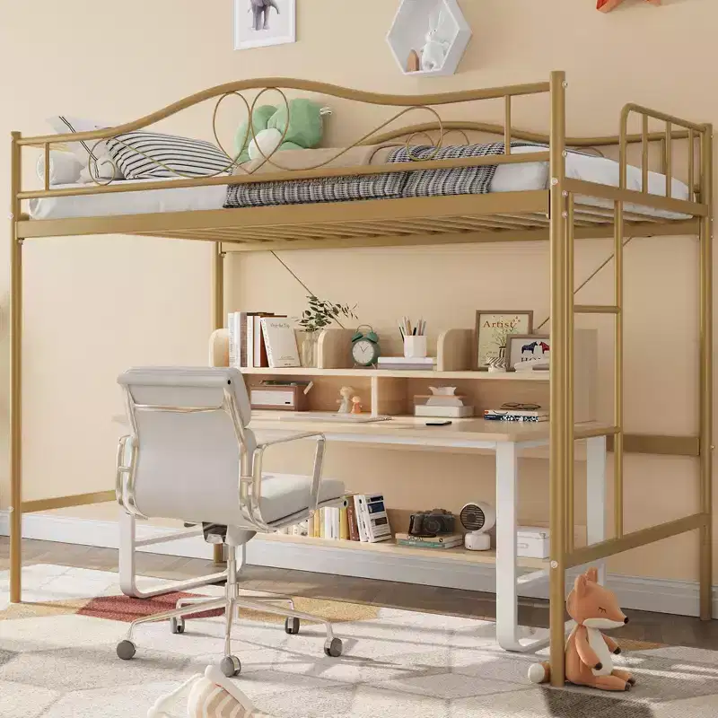 Twin Loft Bed Frame with Removable Ladder and Full Guardrail Gold Metal High Loft Bed for Teens Adults Space Saving No Box Spring Needed