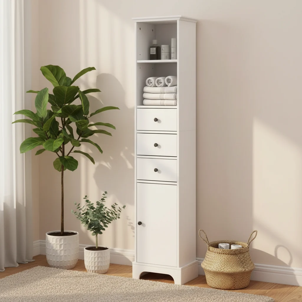 Tall Bathroom Cabinet with 3 Drawers and Adjustable Shelves
