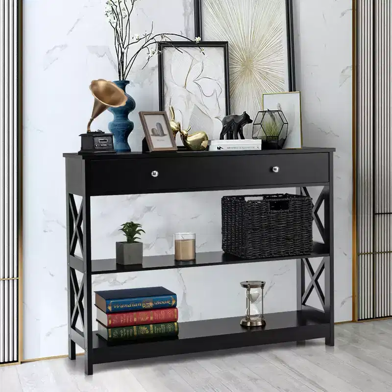 Costway Console Table Drawer Shelves Sofa Accent Table Entryway Hallway Black/White