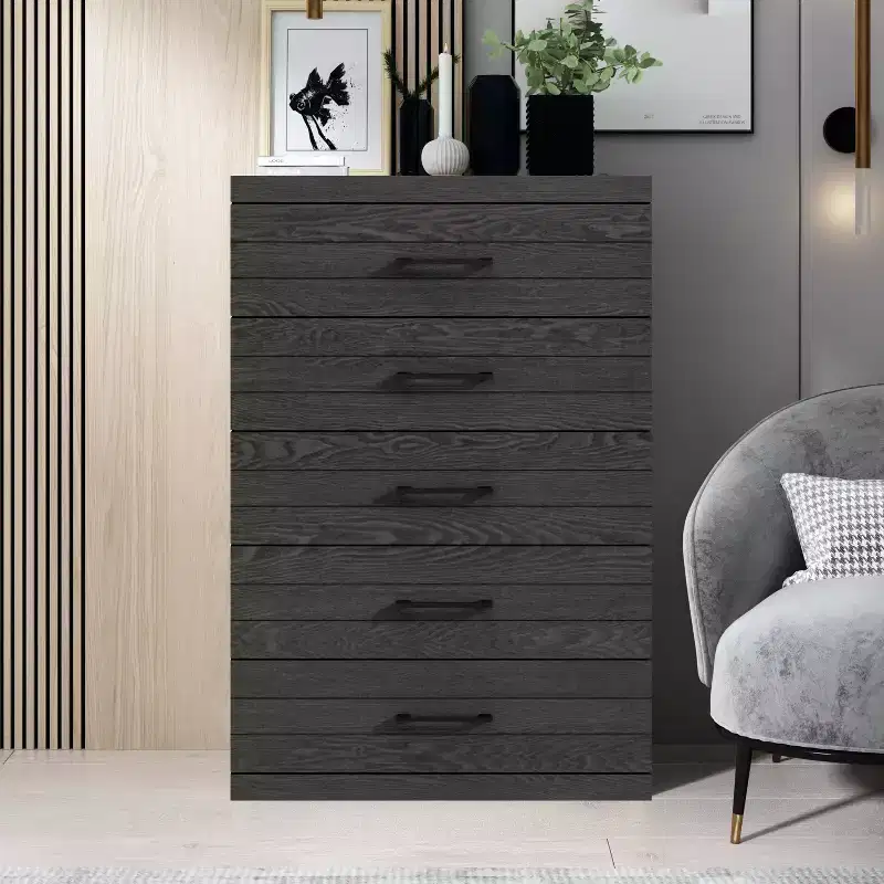 Galano Hamsper 5 Drawer Chest (Interlock) - Dark Grey Oak