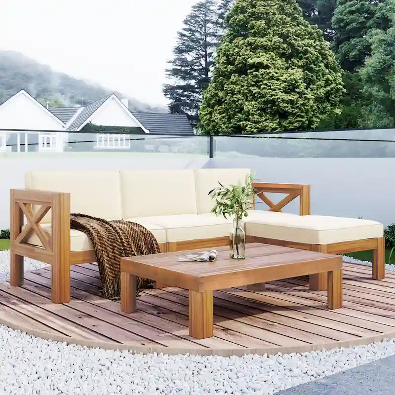 Outdoor Wood Sectional Sofa Set with Cushions