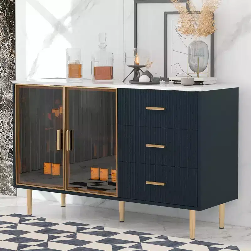 Whisen Modern Sideboard Marble Sticker Tabletop with Gold Metal Legs and Handles for Dining Room, Living Room