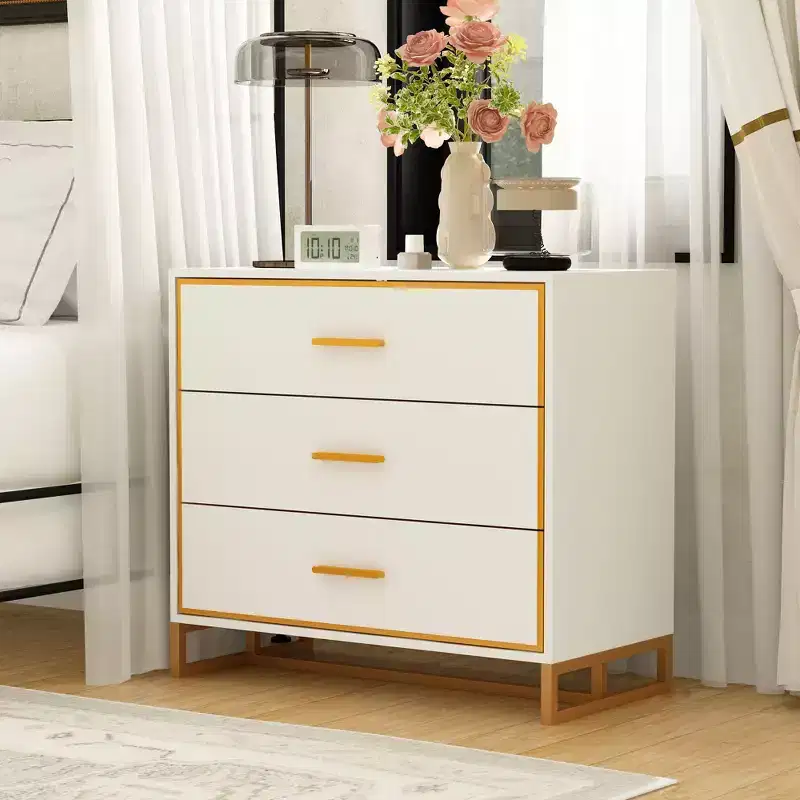 3-Drawer Modern Nightstand with Open Metal Frame, Black & Gold Finish, 28.7