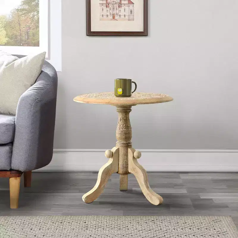 Royal Hampton Intricately Carved Mango Wood Side End Table with Round Top and Pedestal Base