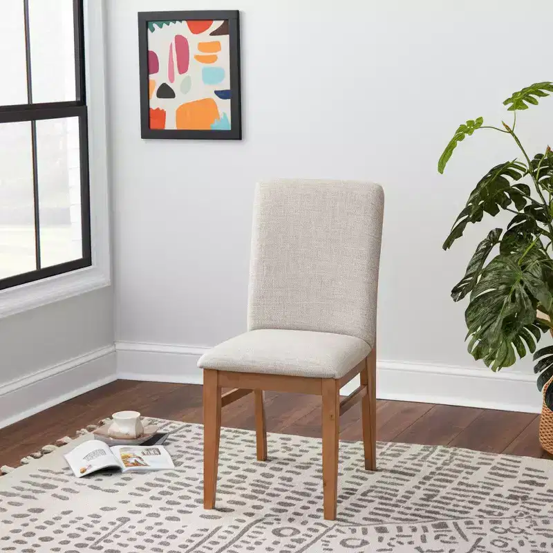 Natural Wood Side Chairs, Set of 2 – Upholstered Armless Dining Chairs with Tapered Legs