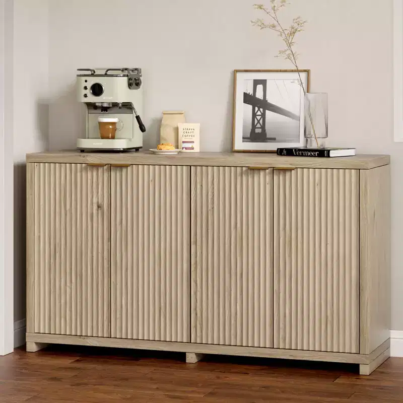 Modern Fluted Buffet Cabinet With Storage, 4 Soft-close Doors, Adjustable Shelves, Thick Top, Cable Management, 15.6 Deep Sideboard For Kitchen