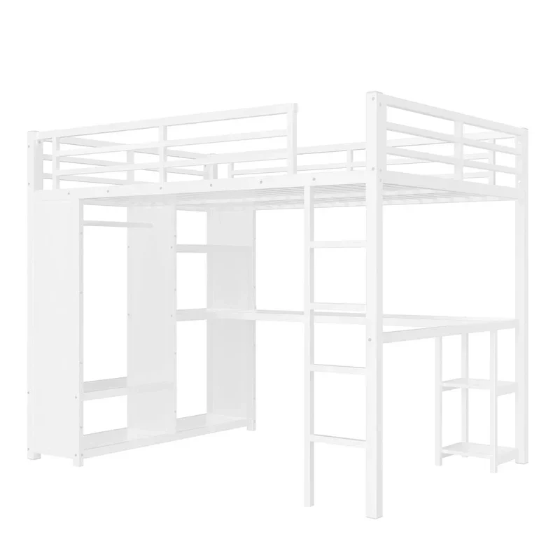 Queen Loft Bed - Built-in Wardrobe & Desk, Metal Frame with Shelves