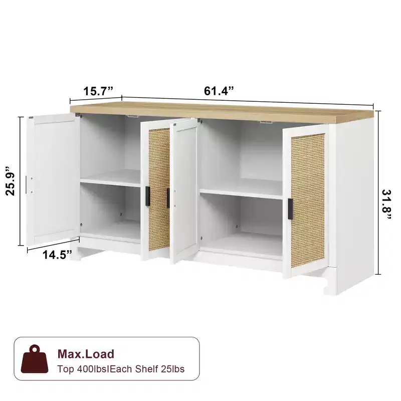 Rattan Sideboard Buffet Cabinet, Farmhouse Storage Console with Adjustable Shelves for Dining Room and Living Room
