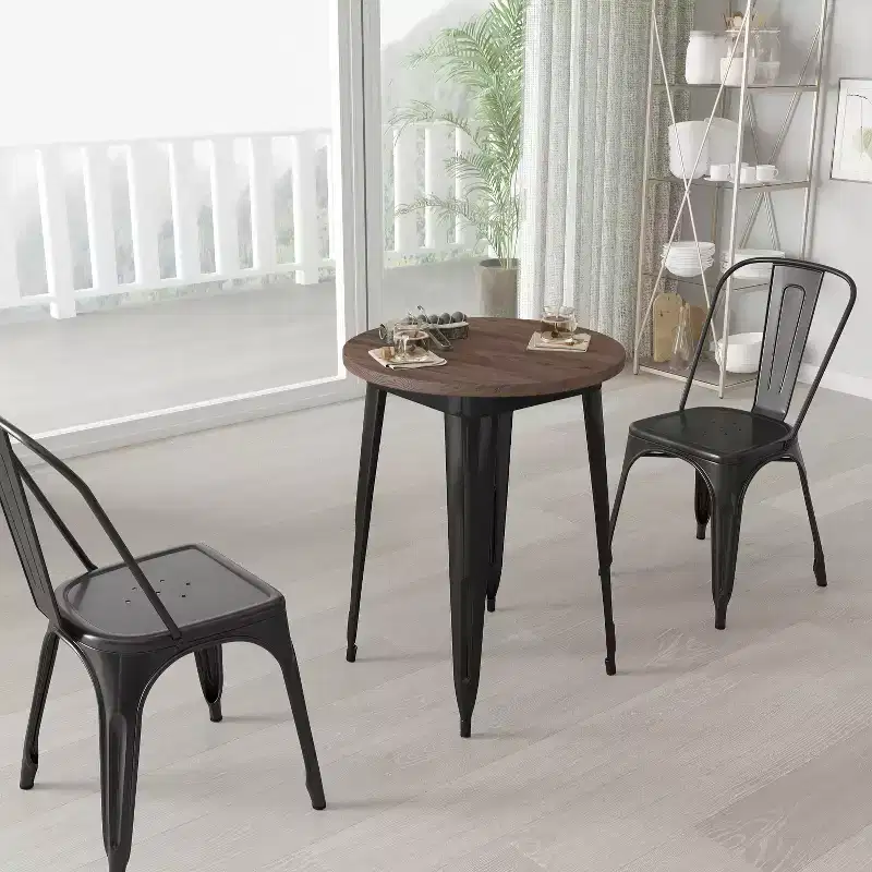 Merrick Lane 24 Round Metal Indoor Table with Galvanized Steel Frame and Rustic Wood Top