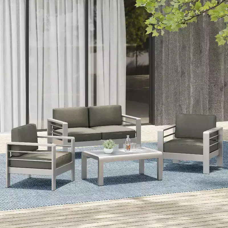Cape Coral 4pc Cast Aluminum Patio Loveseat Set with Cushions - Silver - Christopher Knight Home: Modern Design, Water-Resistant