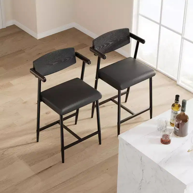 Set of 2 Counter Height Bar Stools with Arms and Footrest - Wood Back & Upholstered Seat for Kitchen Island