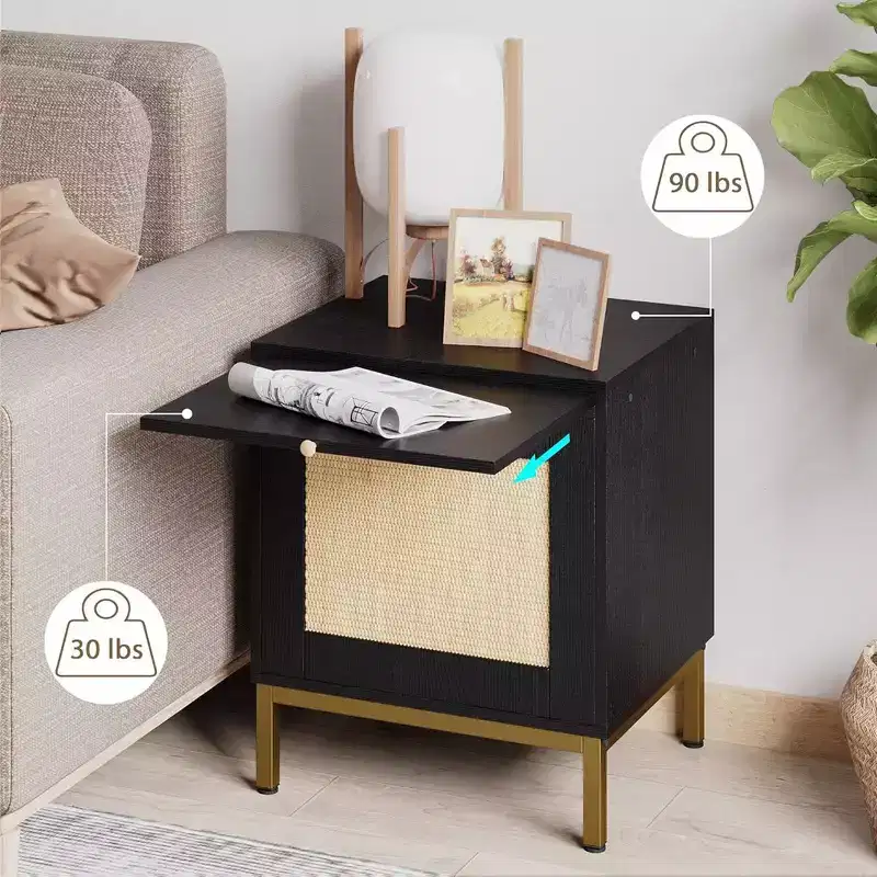 Whizmax Rattan End Table, Wood Nightstand with Tray for Living Room, Bedroom Side Table with Storage Shelf for Entryway, Small Spaces