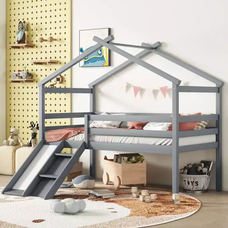 Okak 81.7IN Low Twin Kids Loft Bed with Slide, Twin Bed with Ladder, Safety Guardrails and House Roof Frame, Bed Frames for Kids Room