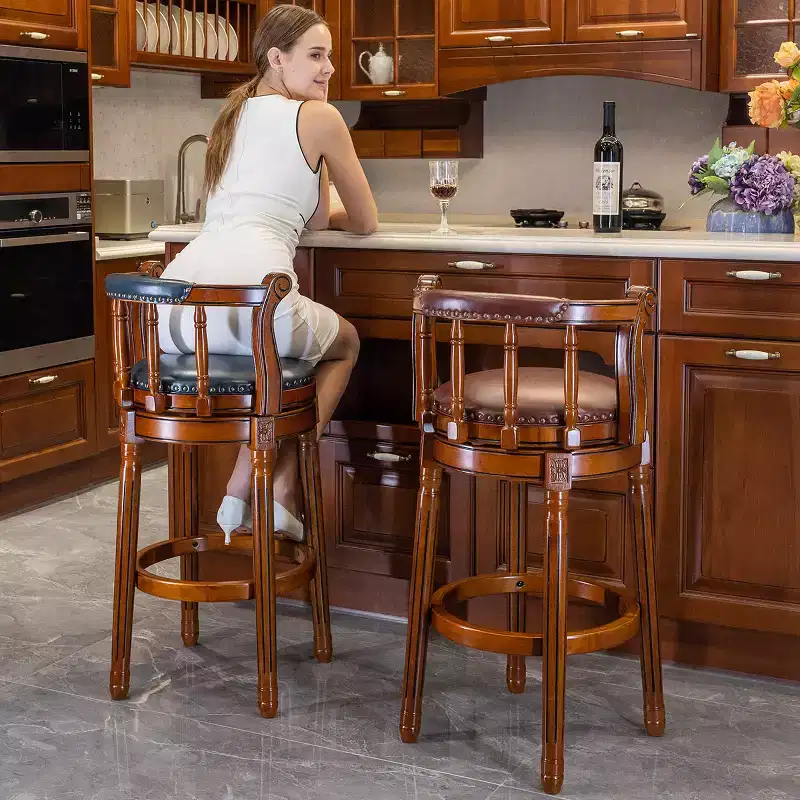 Seat Height 26'' Swivel Leather Wooden Bar Stools, 360 Degree Swivel Bar Height Chair with Backs