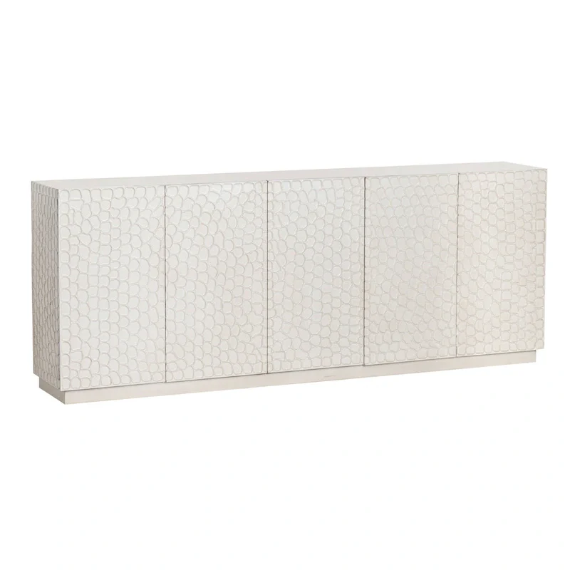 Five-Door Solid Mango Wood Sideboard with Embossed Doors & Coastal White Finish