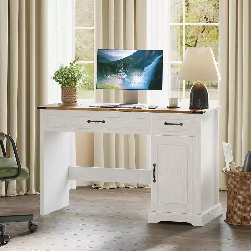 47 Farmhouse Executive Desk with Drawers & Storage Cabinet - Rustic Workstation for Home Office/Study/Bedroom, Antique White