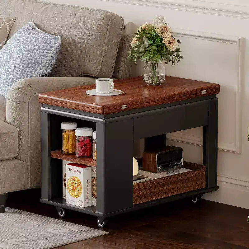 27.6'' Modern Coffee Table, Multi-Functional Side Table with Foldable Top, Casters, Drawer, Open Shelf, Hidden Compartment storage