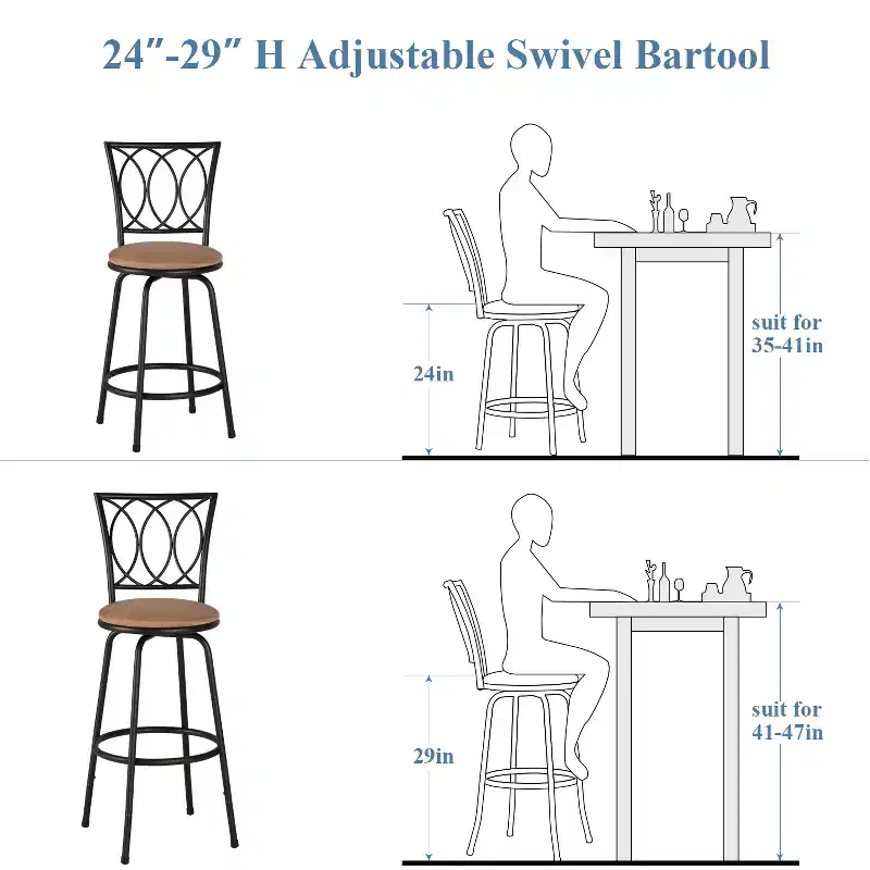 VECELO Bar Stools Adjustable Height Set of 2, 24/29 Swivel Counter Stools with Upholstered Seat, Steel Bistro Pub Chairs
