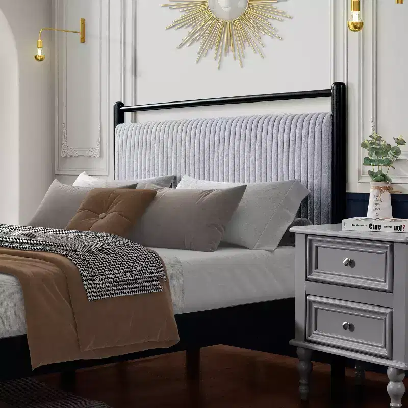 Full/Queen Size Platform Bed Frame with Fluffy Soft Headboard, Black+Gray-ModernLuxe